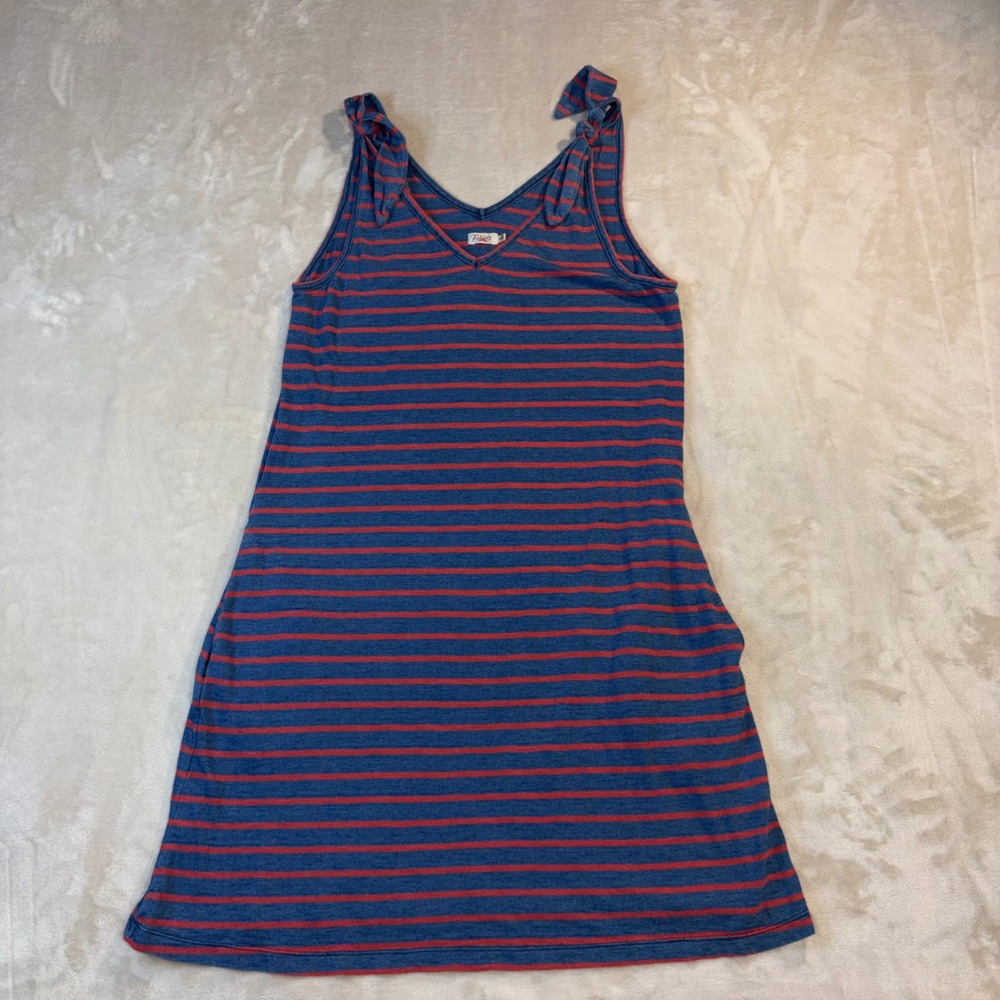 Faherty Brand Indigo Striped Cotton V-Neck Tie Shoulder Pocket Mini Dress Blue S